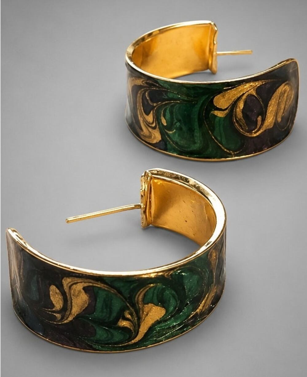 Vintage Aqua Blue Hoop Earrings Gold Tone Swirl Enamel Retro‎ 1980s Pierced